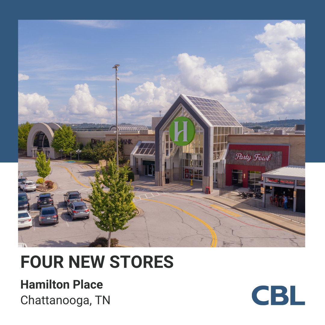 Image showing the entrance to Hamilton Place Mall, with the headline Four New Stores at Hamilton Place, Chattanooga, TN
